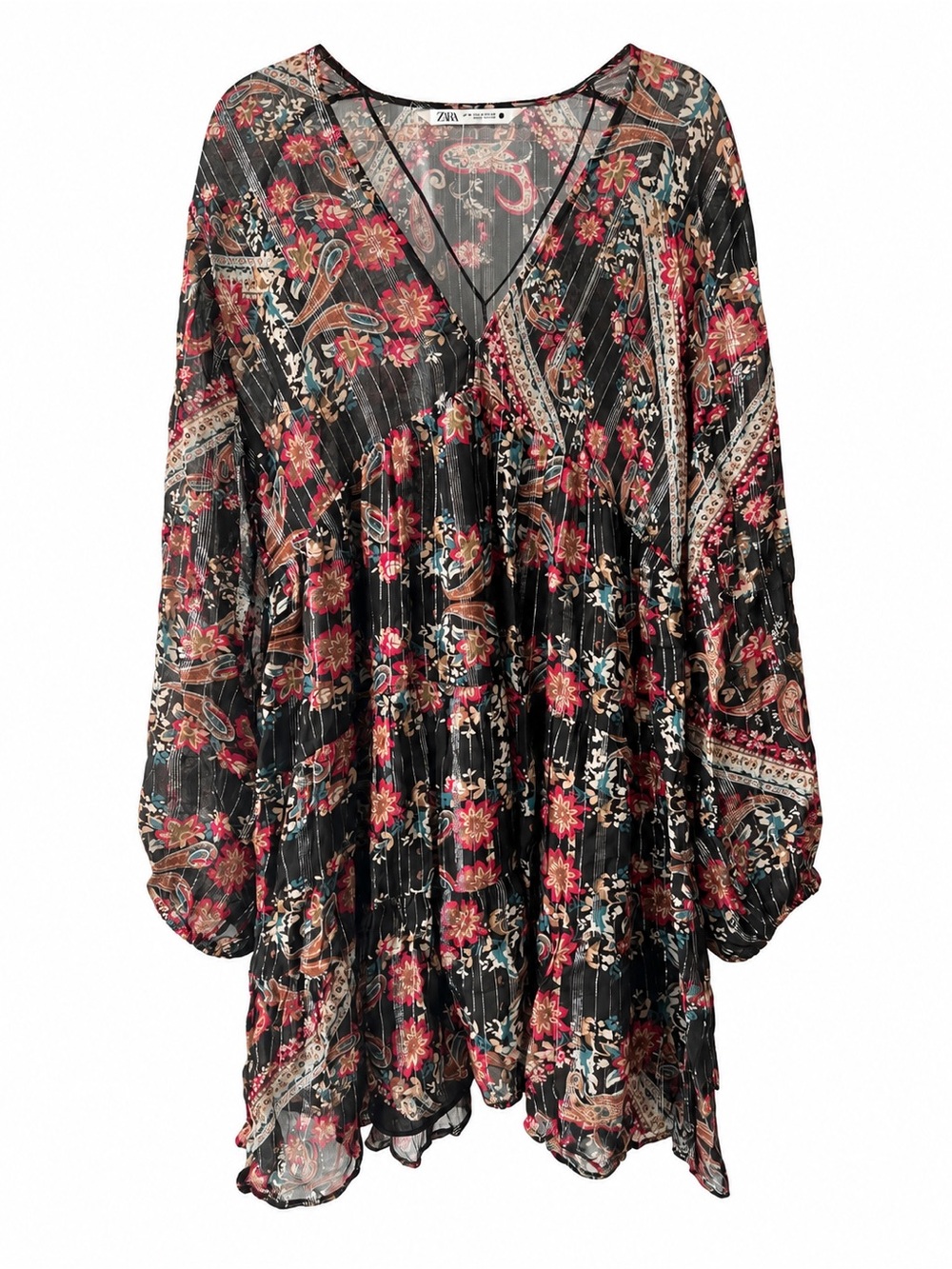 Zara Black Floral V-Neck Long-Sleeve Tiered Dress